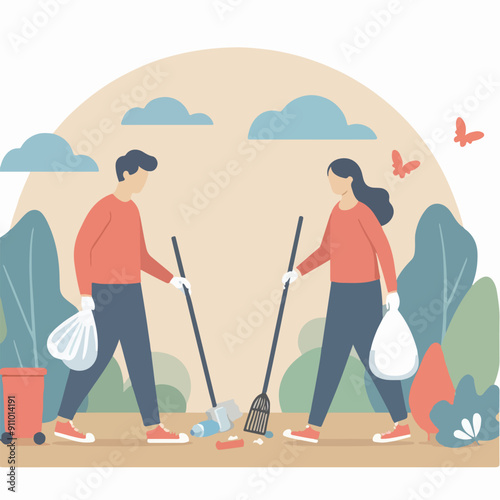 people cleaning nature by collecting garbage into trash bags. Family working together and picking plastic litter. Colored flat vector illustration isolated on white background