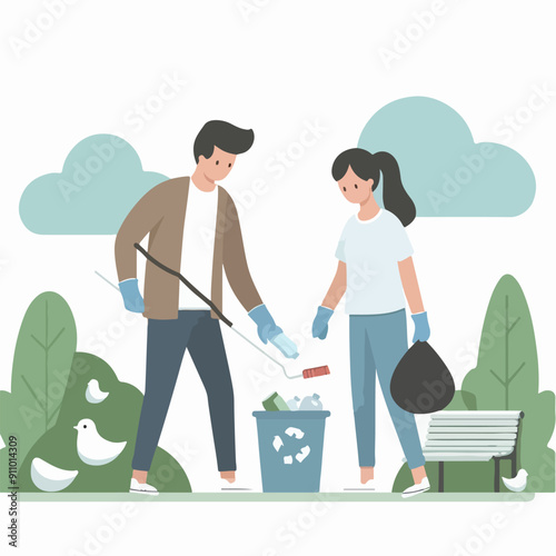 people cleaning nature by collecting garbage into trash bags. Family working together and picking plastic litter. Colored flat vector illustration isolated on white background