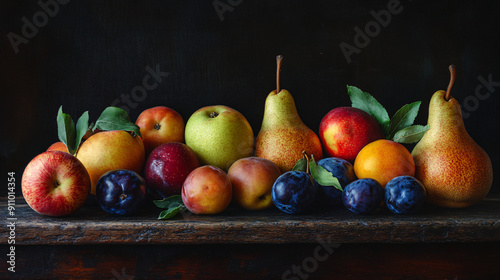 Fresh fruits including pears, apples, and plums on a dark wooden table