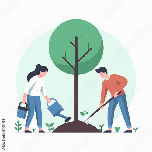 people cleaning nature by collecting garbage into trash bags. Family working together and picking plastic litter. Colored flat vector illustration isolated on white background