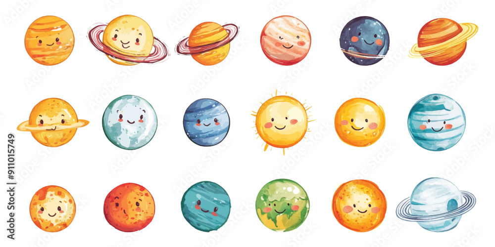 Set of cute childish planets drawn on a white background. Set of cute childish planets drawn on a white background.