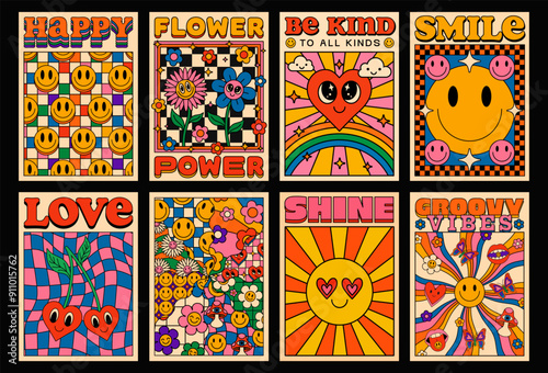 Collection Of Cool 70s Groovy Posters. Set Of Retro Vintage Psychedelic Funky Placards. Y2k Comic Funny Smile Characters.