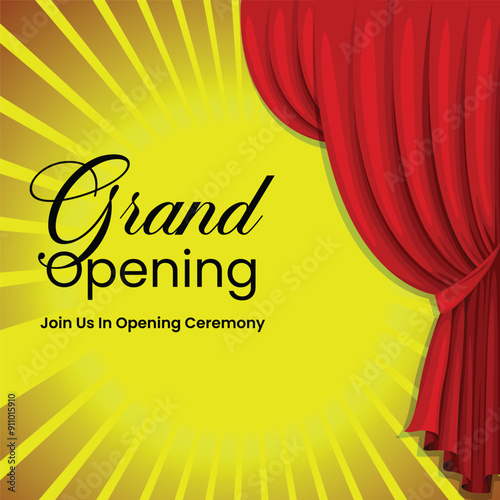 Realistic grand opening invitation banner with red curtains