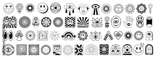 Tattoo Art Graphic Elements Vector Design. Acid Trippy Icon Signs. Pop Art Patches.