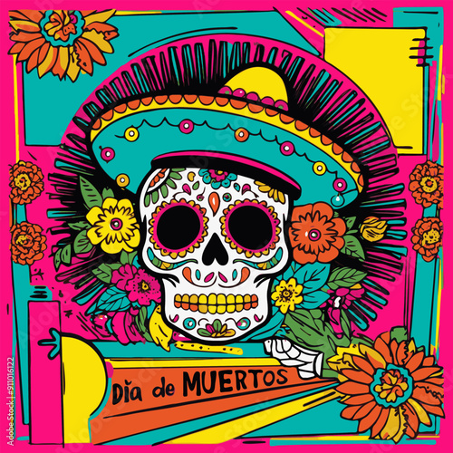 A vibrant skull adorned with flowers celebrating Día de Muertos traditions