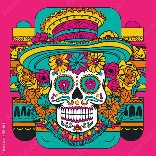 A decorated skull adorned with flowers and a hat stands out against a pink backdrop