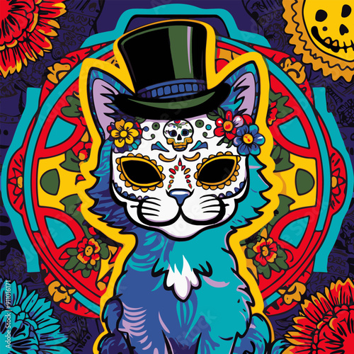 A decorated cat in vibrant colors celebrates the Day of the Dead