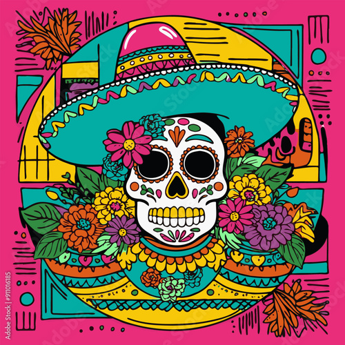 A sugar skull adorned with flowers set against a bright background