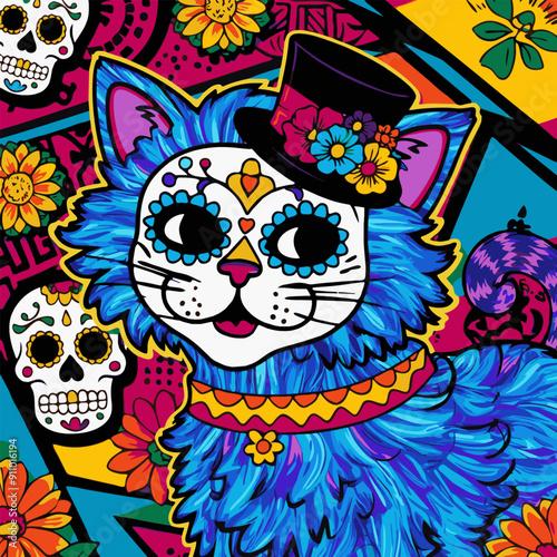 A lively blue cat adorned with a hat and decorative flowers