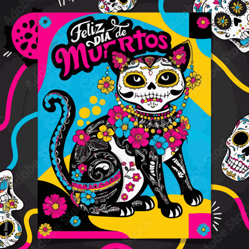 A vibrant cat adorned with floral patterns celebrates Día de Muertos