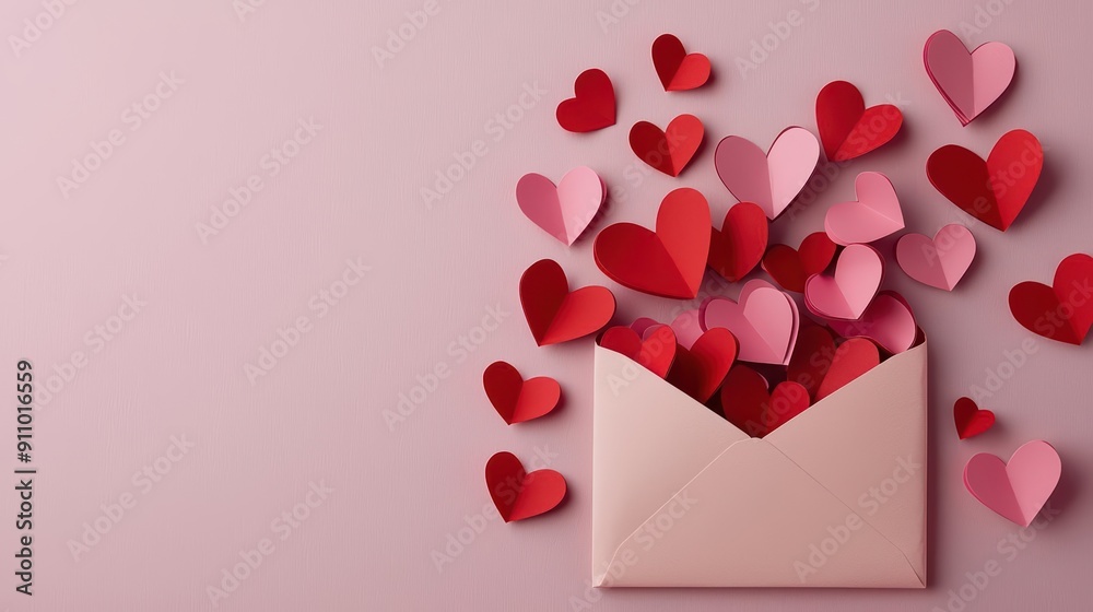 A whimsical depiction of an envelope bursting with paper hearts in red and pink hues, with sunlight filtering through, creating a playful and loving scene, banner, with copy space A whimsical depiction of an envelope bursting with paper hearts in red and pink hues, with sunlight filtering through, creating a playful and loving scene, banner, with copy space