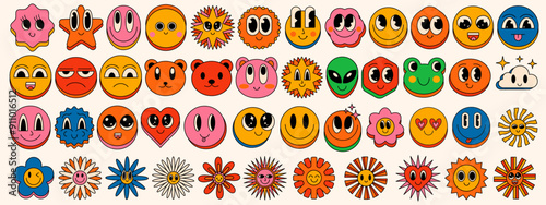Cool Trendy Set Of Funny Happy Cartoon Character Faces. Collection Of Groovy Smile Emoji, Retro Funky Comic Cute Stickers. Pop Art Graphic Design Elements.