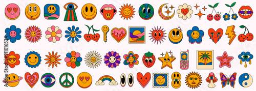 Set Of Groovy Stickers Vector Design. Collection Of Acid Trippy Icons. Emoji Smile Happy Comic Characters. Funky Retro Pop Art Illustrations. Cool Cute Cartoon Patches.