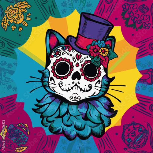 A whimsical cat adorned with sugar skull patterns and flowers celebrates in vibrant colors