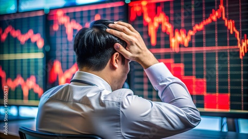 Trader Holding Head with Declining Numbers. Perfect for: Financial crisis events, Economic forums, Market analysis presentations