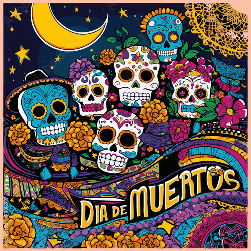 Vibrant sugar skulls adorned with flowers and designs celebrate a traditional holiday