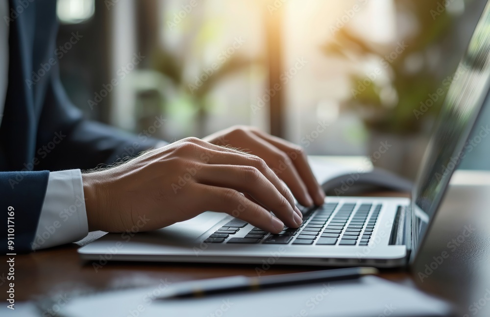 Close up hands of a businessman typing on a laptop keyboard at the office, focused on the hand and touchpad