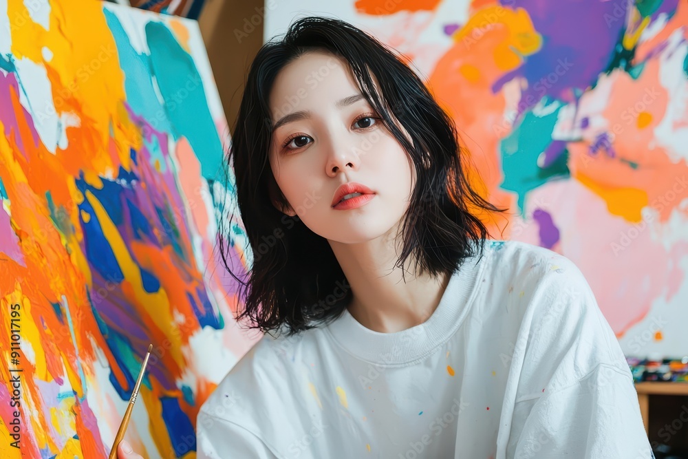 Abstract portrait of an Asian woman creating art in a colorful studio