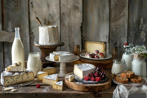 artisanal dairy display rustic wooden table with assorted cheeses fresh milk creamy yogurt rich butter vintage styling