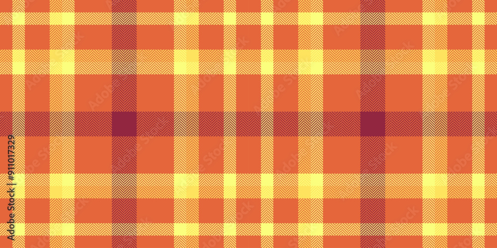 Masculine pattern fabric seamless, towel check tartan texture. Scottish textile plaid background vector in orange and lime colors.