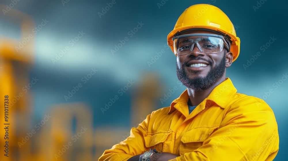 Smiling Construction Worker in Yellow Safety Gear Smiling Construction Worker in Yellow Safety Gear