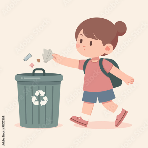 people cleaning nature by collecting garbage into trash bags. Family working together and picking plastic litter. Colored flat vector illustration isolated on white background