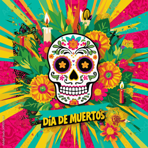 A decorated sugar skull surrounded by flowers and candles for Día de Muertos