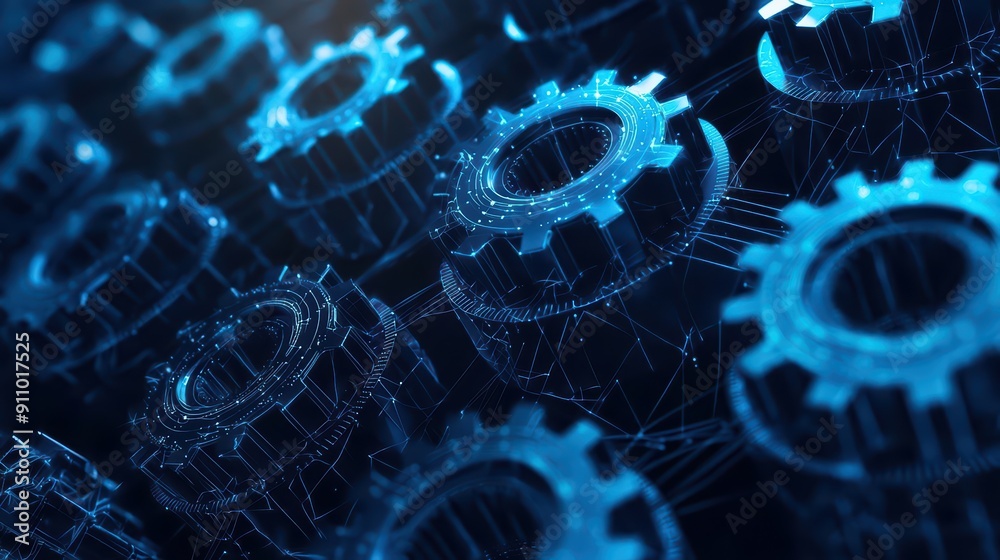 An intricate line of glowing blue gears composed of connected digital nodes and lines An intricate line of glowing blue gears composed of connected digital nodes and lines