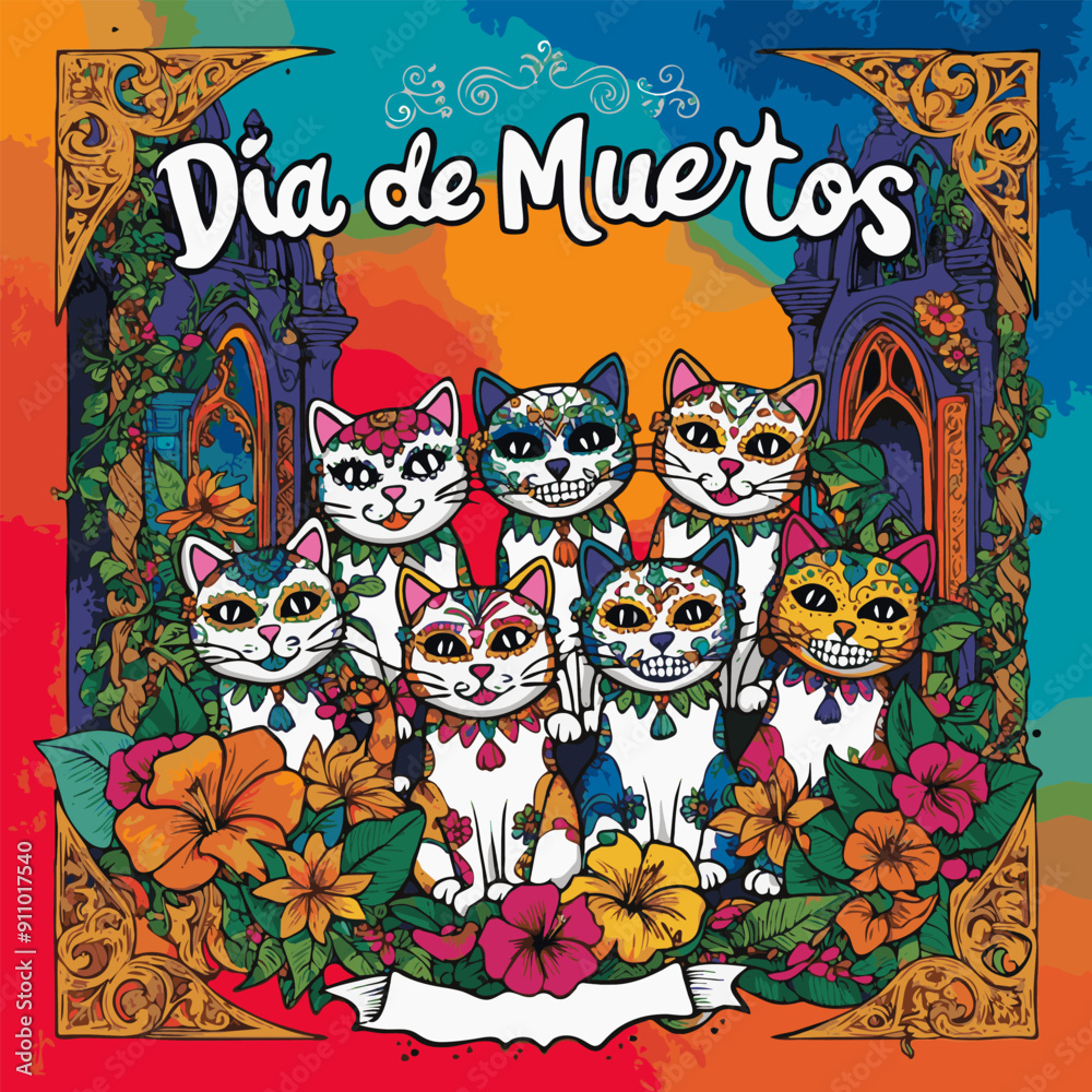 Vibrant cat art representing Dia de Muertos with flowers and ornate decorations Vibrant cat art representing Dia de Muertos with flowers and ornate decorations