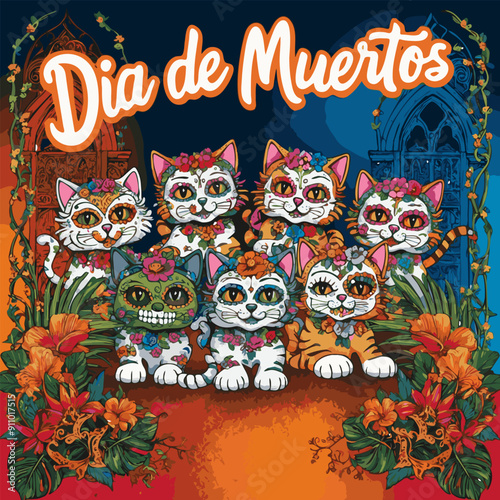 Vibrant cats adorned with floral designs honoring Dia de Muertos traditions