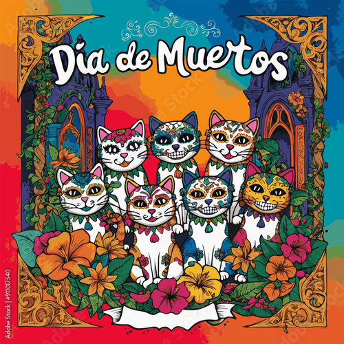 Vibrant cat art representing Dia de Muertos with flowers and ornate decorations