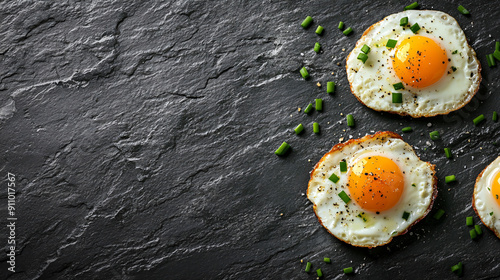 Freshly baked eggs with chives on a dark slate background, high resolution photo