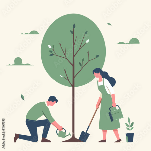 people cleaning nature by collecting garbage into trash bags. Family working together and picking plastic litter. Colored flat vector illustration isolated on white background