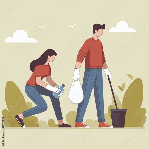 people cleaning nature by collecting garbage into trash bags. Family working together and picking plastic litter. Colored flat vector illustration isolated on white background