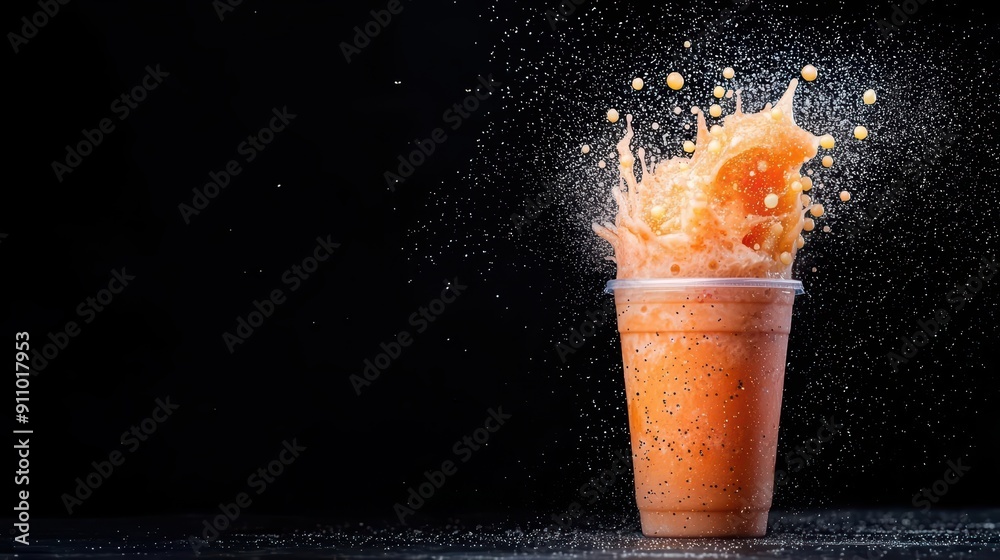 Colorful explosion of Thai milk tea with chewy tapioca pearls flying in ...