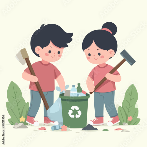 people cleaning nature by collecting garbage into trash bags. Family working together and picking plastic litter. Colored flat vector illustration isolated on white background
