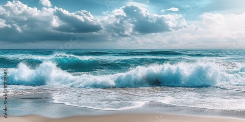 A serene coastal scene featuring a large body of water and a sandy beach