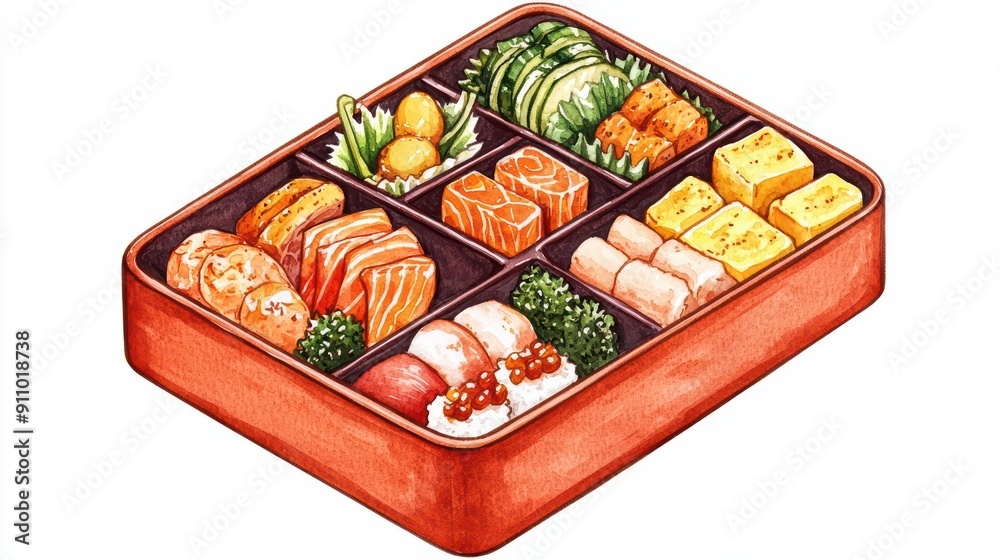 Hand drawn style abstract watercolor of a vibrant bento box Hand drawn style abstract watercolor of a vibrant bento box