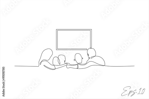 continuous line vector illustration design of a family watching television
