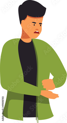 Young adult male is anxiously tugging at his sleeve, a common sign of nervousness or discomfort