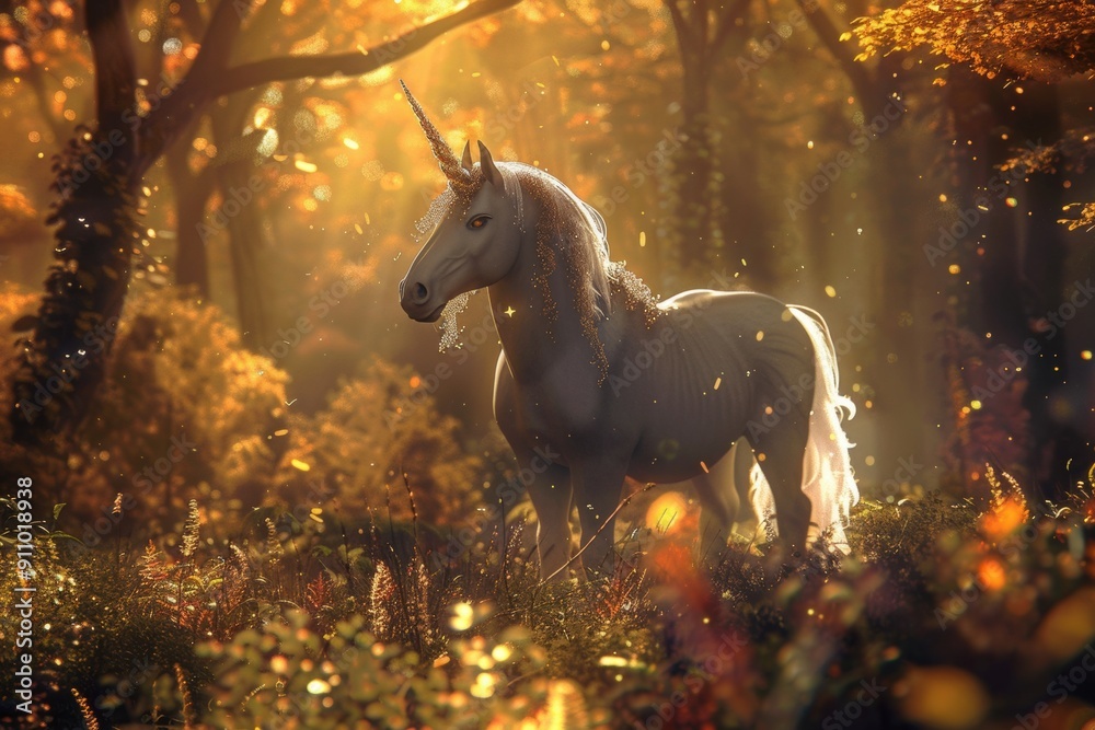A beautifully rendered scene of a unicorn in a magical forest, with its shimmering mane and sparkling horn illuminating the enchanted surroundings A beautifully rendered scene of a unicorn in a magical forest, with its shimmering mane and sparkling horn illuminating the enchanted surroundings