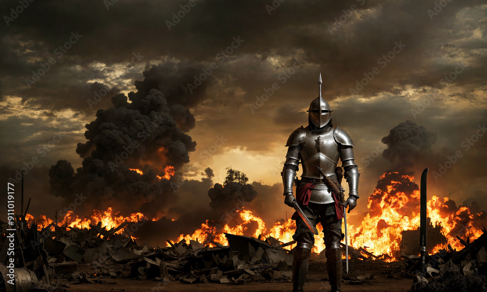 A knight standing in the middle of a battlefield A knight standing in the middle of a battlefield
