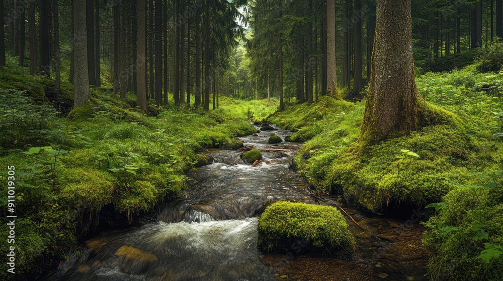 Obraz premium A Tranquil Stream in a Lush Forest