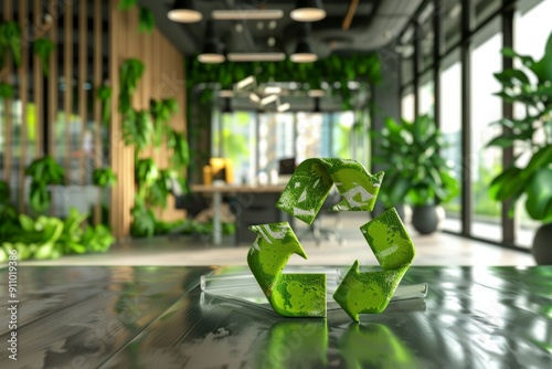 Green Recycling Symbol with Office Scene and Greenery, Representing Environmental Responsibility