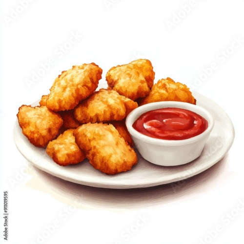 Crispy Chicken Nuggets with Tangy Dip - Hyper-Realistic Fast Food Illustration in Warm Tones on White Background