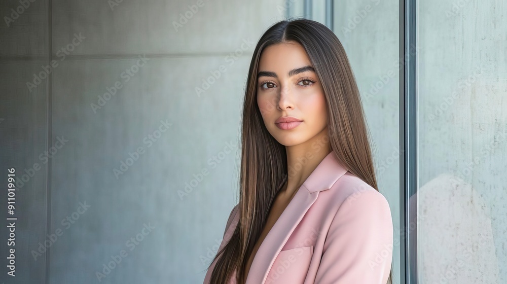 A confident woman in a stylish pink blazer poses against a modern backdrop, exuding professionalism and elegance.