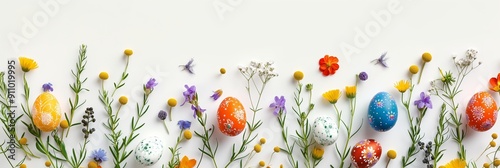 Brightly painted Easter eggs surrounded by vibrant wildflowers and greenery on a white background, evoking a joyful springtime vibe. photo
