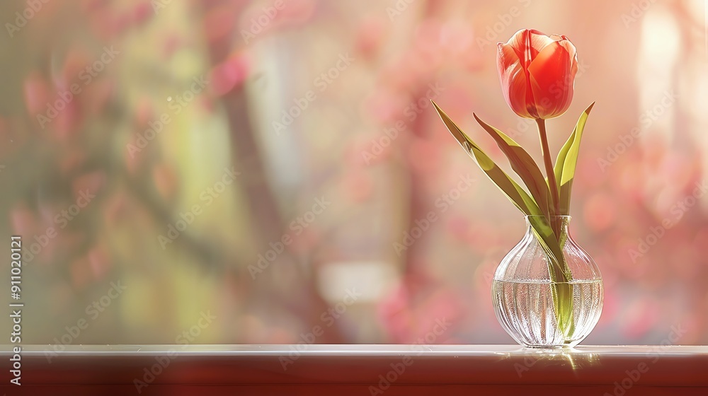 A single red tulip in a clear glass vase on a windowsill. A single red tulip in a clear glass vase on a windowsill.