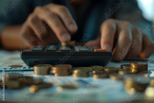 Close up of a man working at a desk with a calculator and documents,