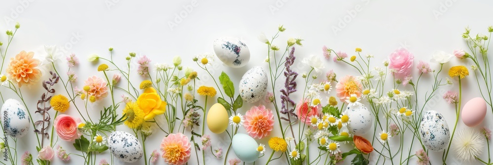 Soft pastel-colored Easter eggs nestled among a variety of delicate flowers, creating a serene and elegant spring scene.